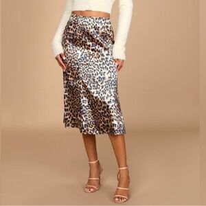 Lulus Global Icon Tan and navy blue leopard print midi skirt satin
